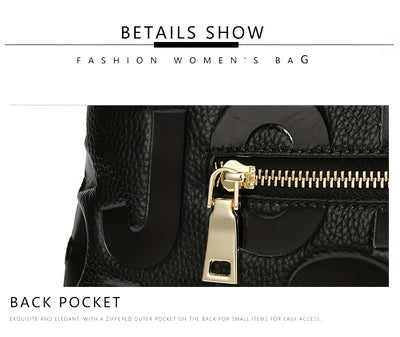 Elegant Black Tote with Brown Accents and Embossed Letter Design