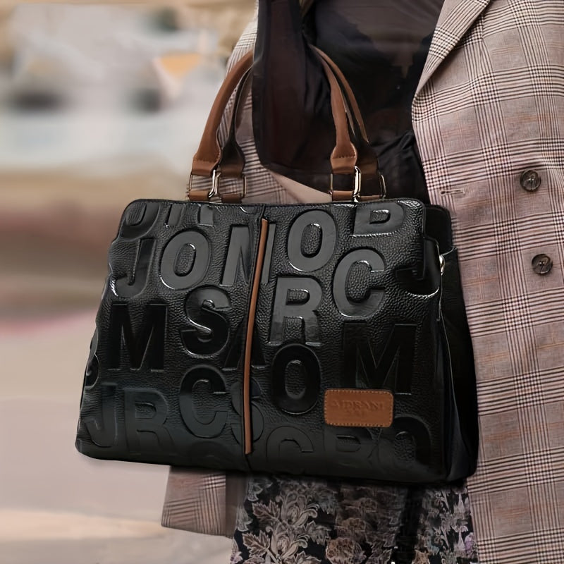 Elegant Black Tote with Brown Accents and Embossed Letter Design