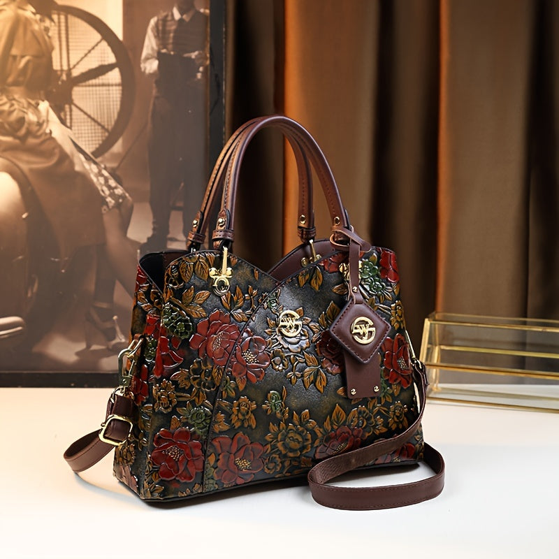 Vintage Floral Women's Handbag with Zipper Closure