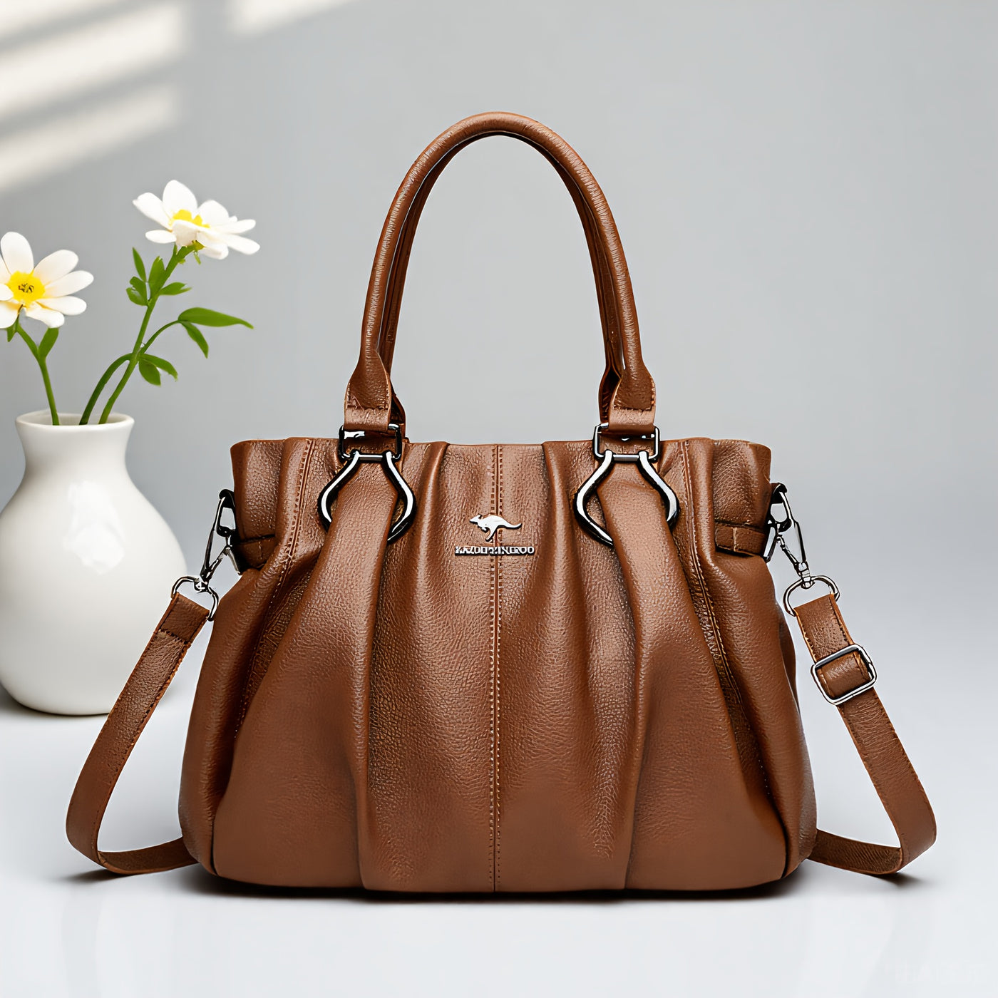 Women’s Crocodile Texture Shoulder Bag – Pleated Glossy PU Handbag with Metal Ring