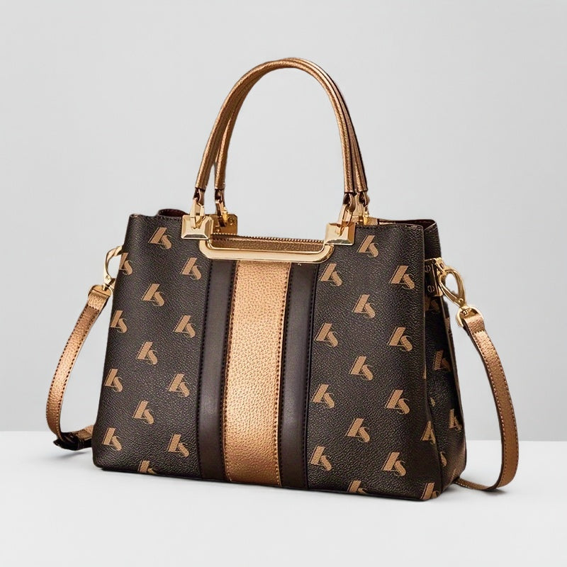 Elegant Coffee Color Handbag with Golden Accent | Top-Grain Leather