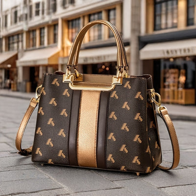 Elegant Coffee Color Handbag with Golden Accent | Top-Grain Leather