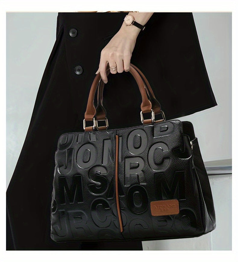 Elegant Black Tote with Brown Accents and Embossed Letter Design