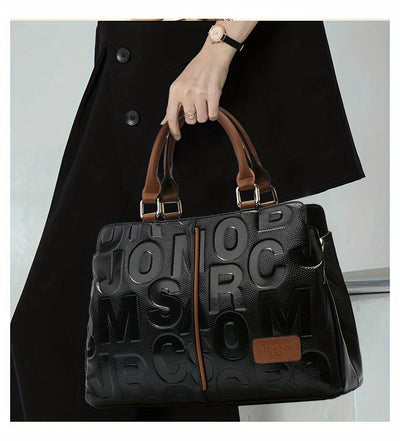 Elegant Black Tote with Brown Accents and Embossed Letter Design