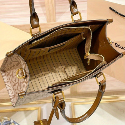 Women’s Beige Brown Tone Leather Tote Bag – Large Capacity