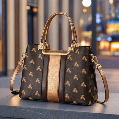 Elegant Coffee Color Handbag with Golden Accent | Top-Grain Leather