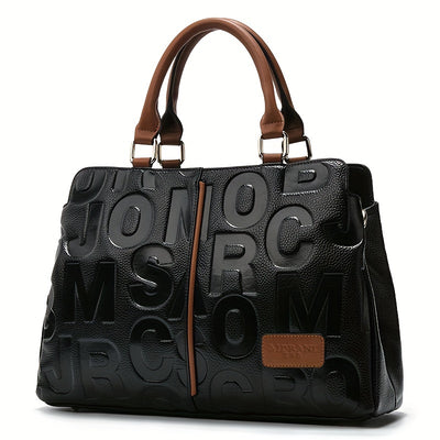 Elegant Black Tote with Brown Accents and Embossed Letter Design