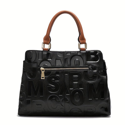 Elegant Black Tote with Brown Accents and Embossed Letter Design