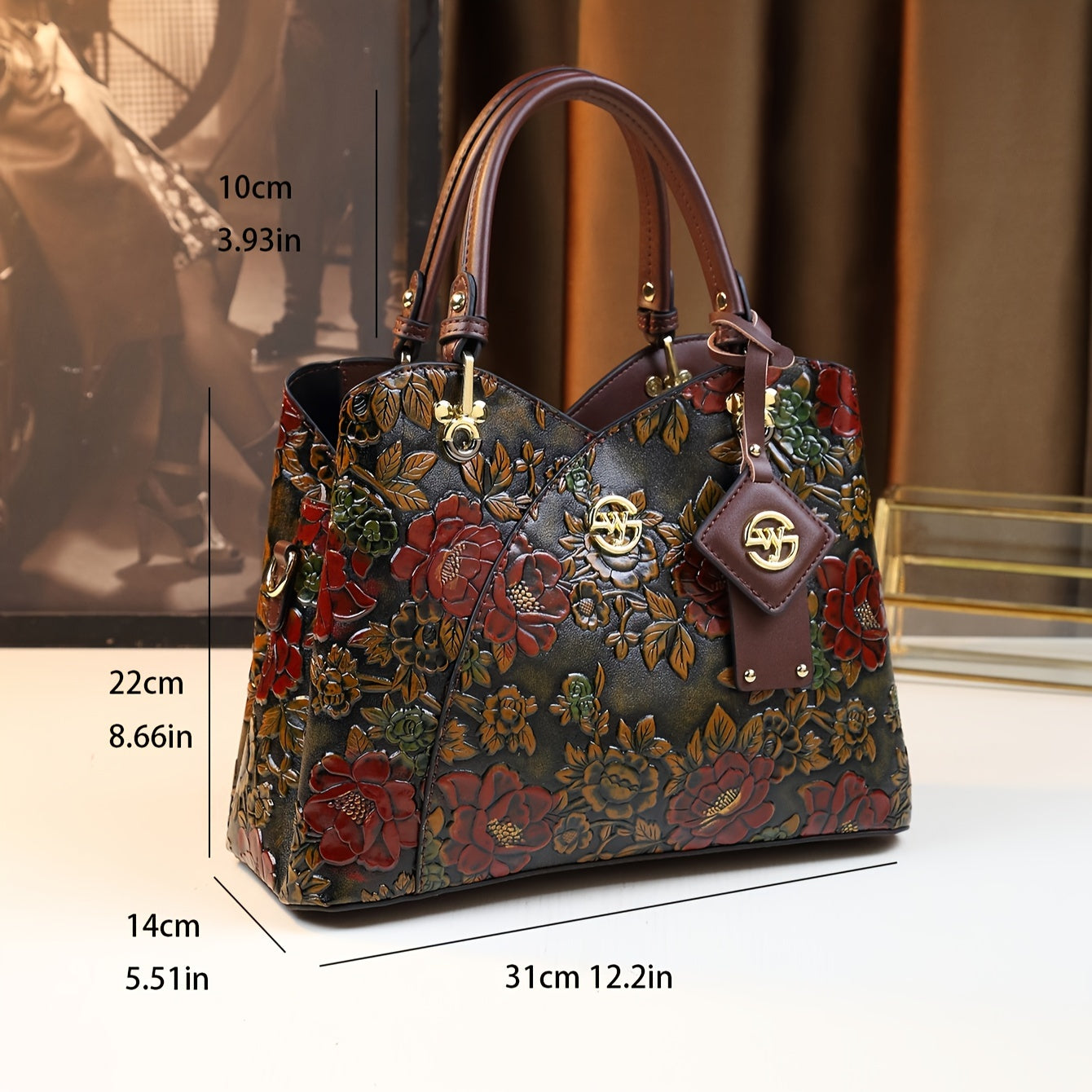 Vintage Floral Women's Handbag with Zipper Closure