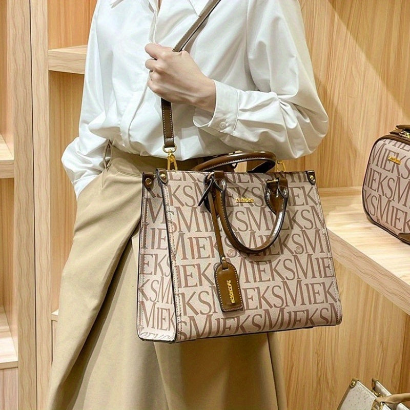 Women’s Beige Brown Tone Leather Tote Bag – Large Capacity