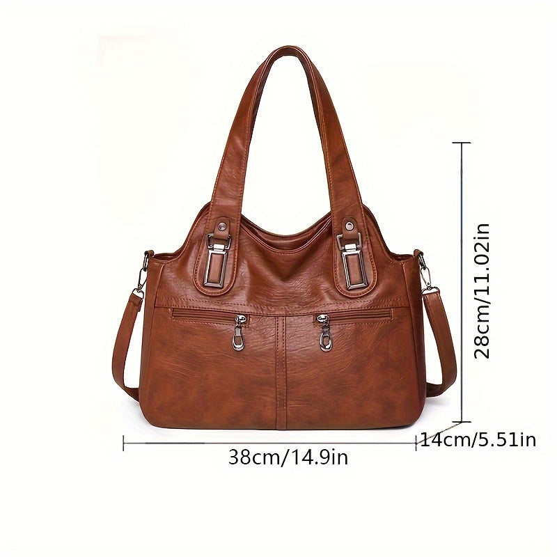 Women's Large PU Shoulder Tote Bag - Multi-Compartment Handbag