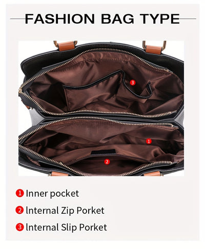 Elegant Black Tote with Brown Accents and Embossed Letter Design