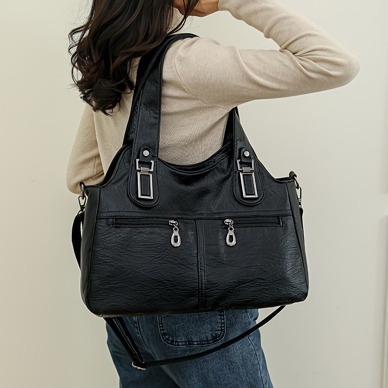 Women's Large PU Shoulder Tote Bag - Multi-Compartment Handbag