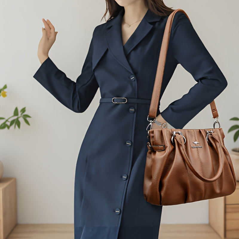 Women’s Crocodile Texture Shoulder Bag – Pleated Glossy PU Handbag with Metal Ring