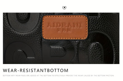 Elegant Black Tote with Brown Accents and Embossed Letter Design