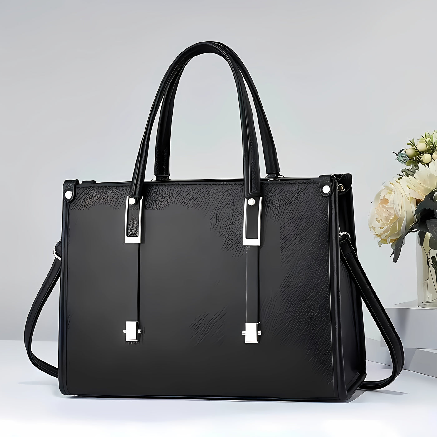Elegant Genuine Leather Tote Bag – White/Black
