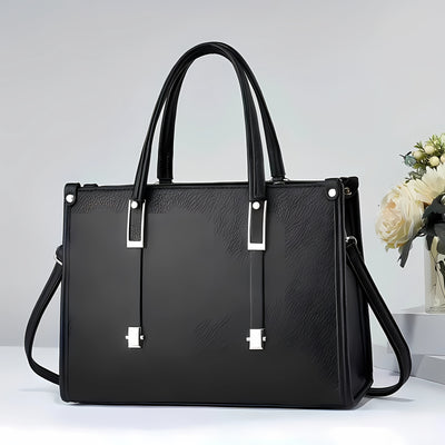 Elegant Genuine Leather Tote Bag – White/Black