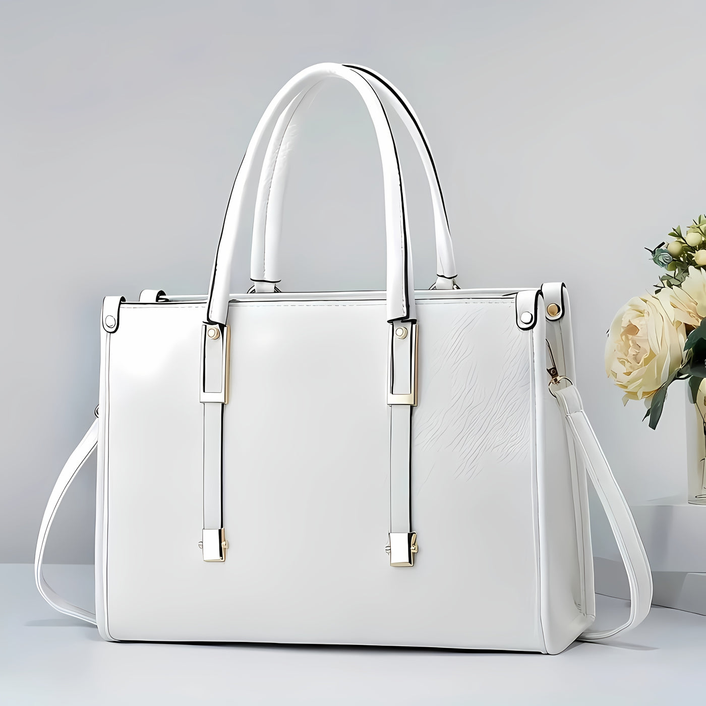 Elegant Genuine Leather Tote Bag – White/Black