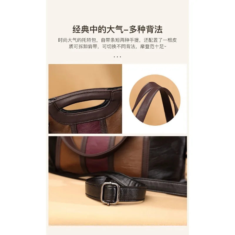 Color Contrast Genuine Leather – Large Capacity Soft Sheepskin Handbag for Women