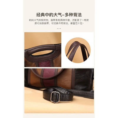 Color Contrast Genuine Leather – Large Capacity Soft Sheepskin Handbag for Women