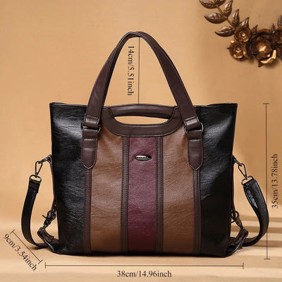 Color Contrast Genuine Leather – Large Capacity Soft Sheepskin Handbag for Women