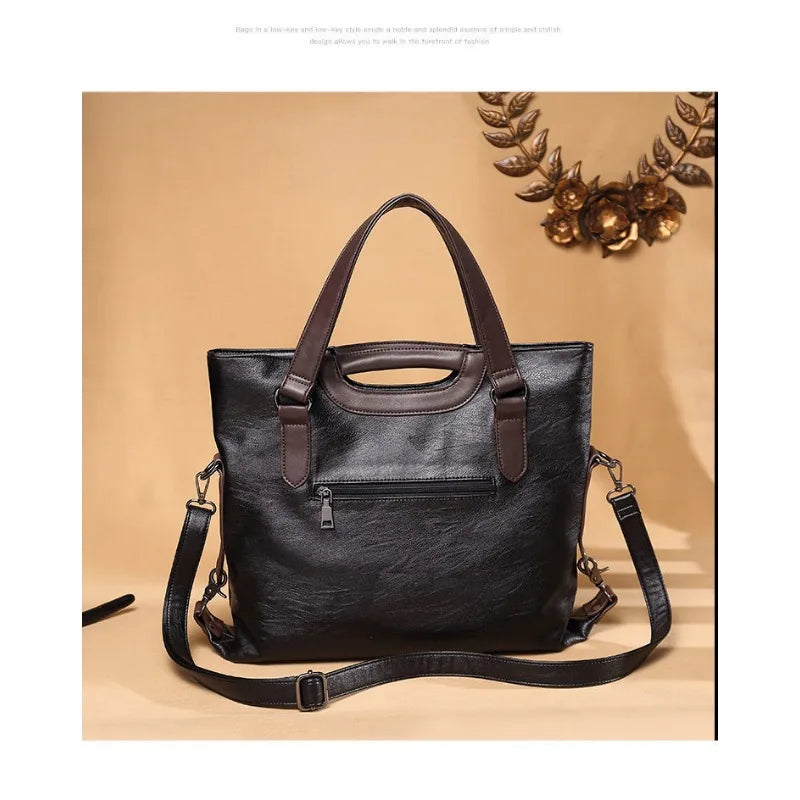 Color Contrast Genuine Leather – Large Capacity Soft Sheepskin Handbag for Women