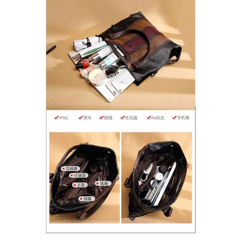 Color Contrast Genuine Leather – Large Capacity Soft Sheepskin Handbag for Women