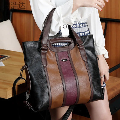 Color Contrast Genuine Leather – Large Capacity Soft Sheepskin Handbag for Women